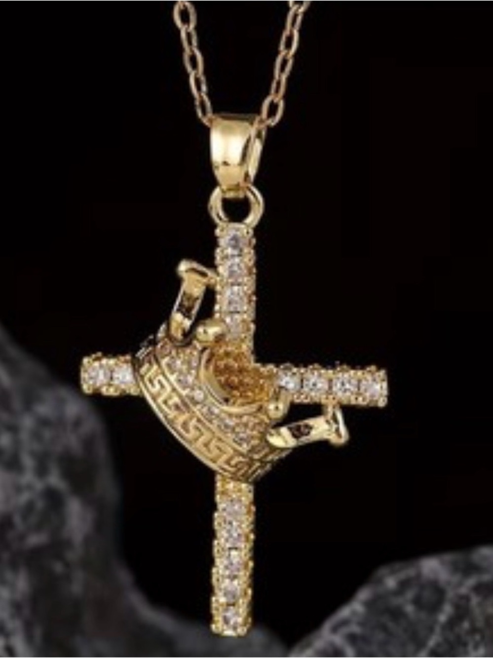 Gold-Tone Crystal Cross Pendant Necklace with Decorative Detail - Women Jewelry